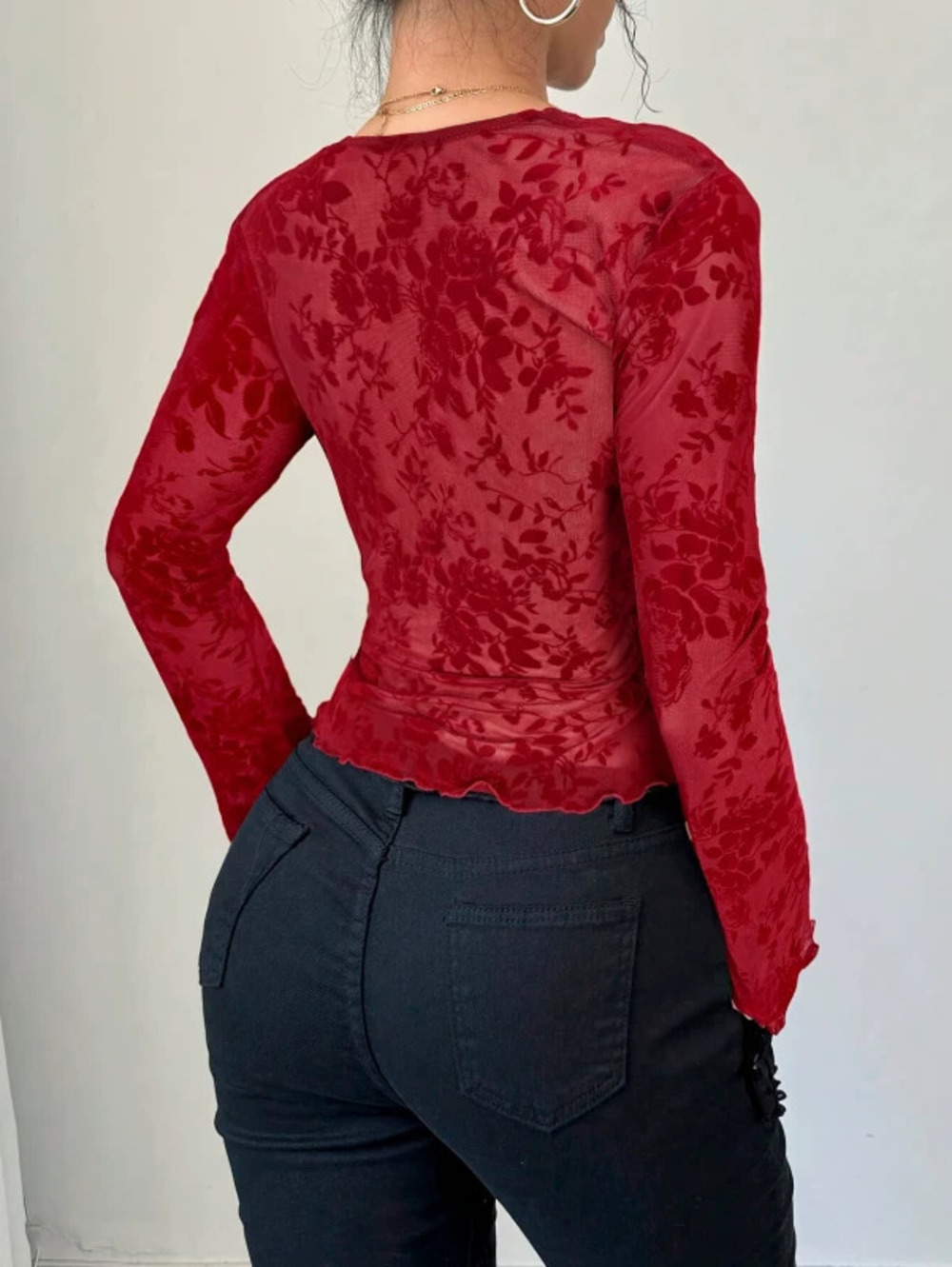 Spring Womens Lace Collar Mesh Flare Sleeve Blouse